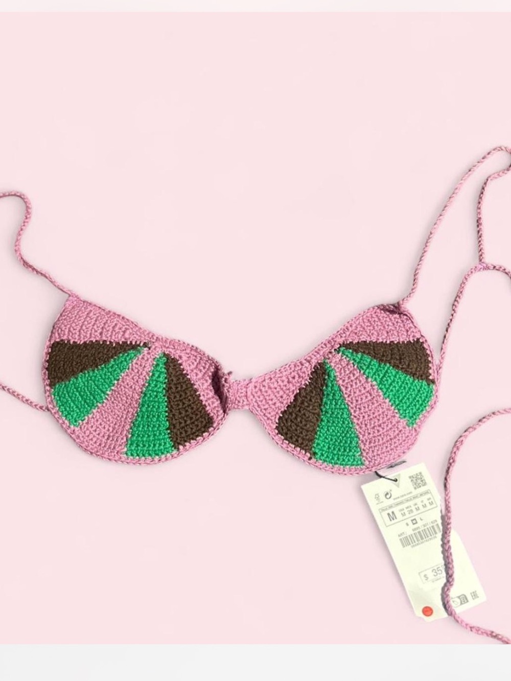 Zara Crochet Green Purple Lilac Bikini Top in Pink, Green & Brown